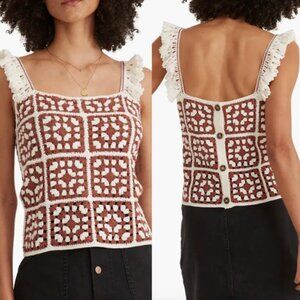 MARINE LAYER Cora Crochet Tank Top Brown Cream Button Back Small Granny Square